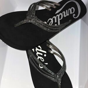 Candies: Braided, Strappy Wedge Thong Sandals, Black w/Silvery Bling, Size: 9/10